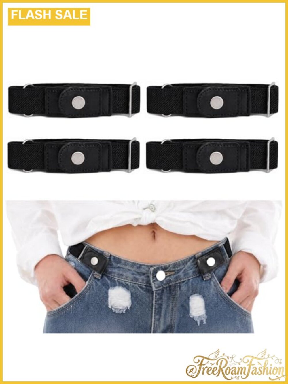 4 Pack Side Belt Invisible No Buckle Elastic Waist Band for Pants Jeans